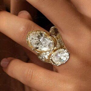 NEW 18K Gold Plated Asymmetrical Toi Et Moi CZ Cocktail Ring | Vintage Inspired